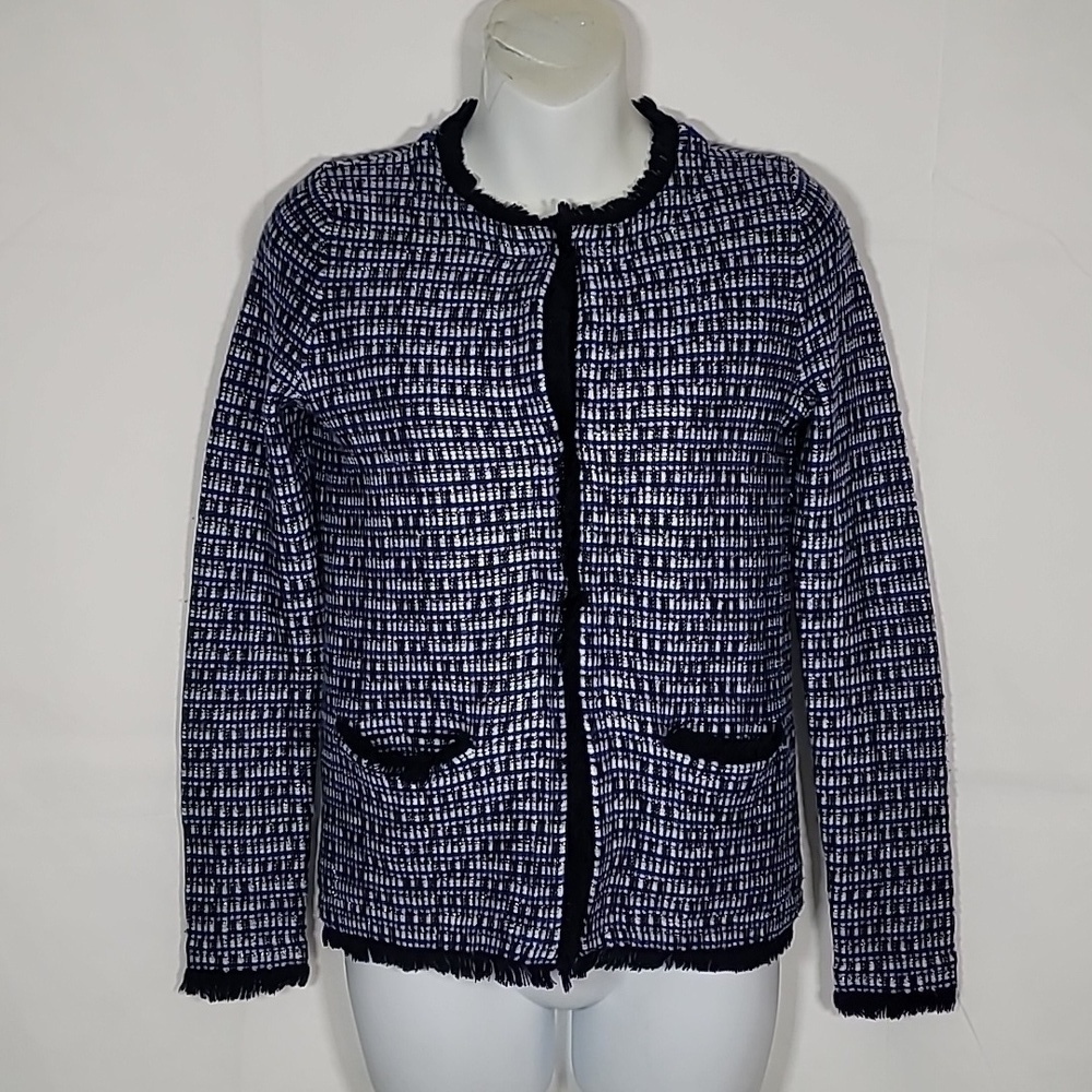 J Crew blue and silver fringe tweed blazer cardigan